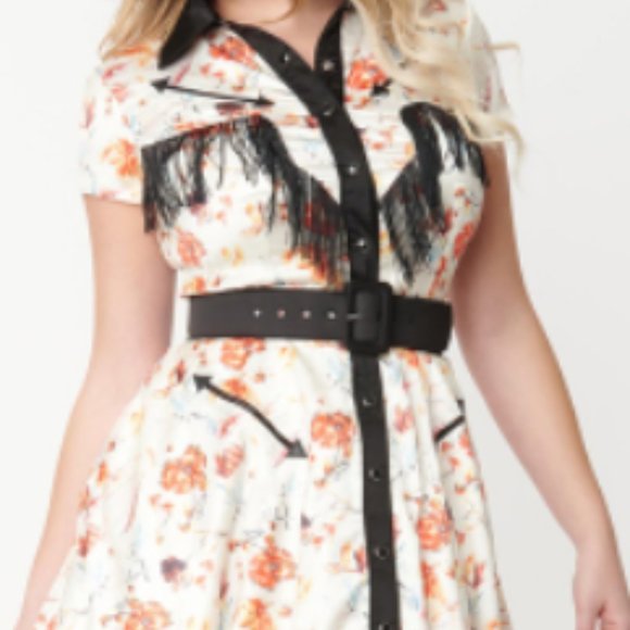 Unique Vintage Dresses & Skirts - Unique Vintage 1950s Cream & Floral Print Madeline Swing Dress